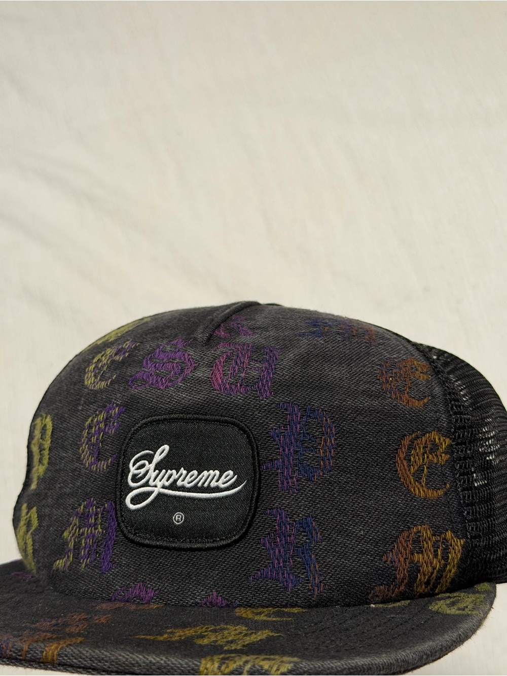Supreme Black 5-Panel Cap with Multicolor Script